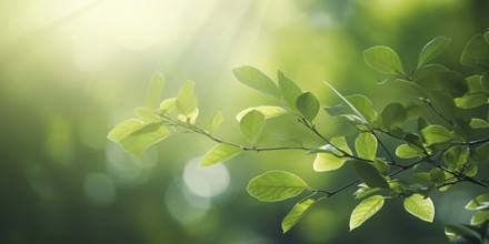 Banner with green leaves and bokeh lights in background. KI generiert, generiert AI generated