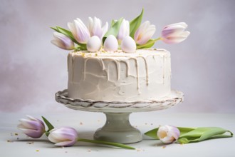 Easter cream cake with tulip spring flowers and eastere eggs. KI generiert, generiert AI generated