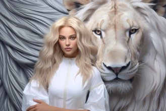 Beautiful young woman with long blonde hair with her white pet lion, AI generated