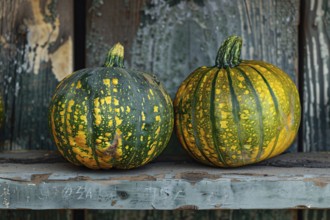 Two yellow and green pumpkins on wooden crate. Generative Ai, AI generated