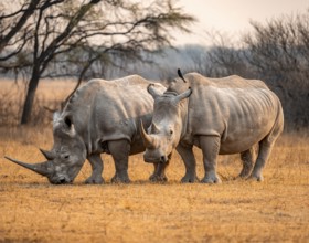 Southern white rhinoceros (Ceratotherium simum simum), two rhinos in the evening light, Khama Rhino