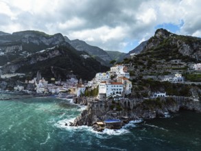 Amalfi from a drone, Salerno, Campania, Italy, Europe