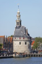 City view of Hoorn from the Markermeer, historic city centre with Hoofdtoren tower, Hoorn, North