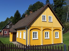 Yellow half-timbered house, villages and green landscape, Marenice, Lusatian Mountains, Bohemia,