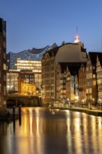 Nikolaifleet with Elbe Philharmonic Hall at the blue hour, Hamburg, Germany, Europe