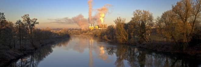 The Ruhr with the German stainless steel works at sunrise, Witten, Ruhr area, North