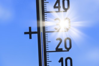 Symbolic image, heatwave, global warming, thermometer, sun, heatwave, 30 degrees Celsius,