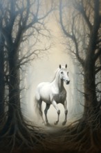 White horse in an imaginary forest, 19th century style, AI generated