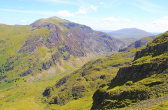 Looking down to Llanberis Pass from Mount Snowdon, Gwynedd, Snowdonia, north Wales, UK