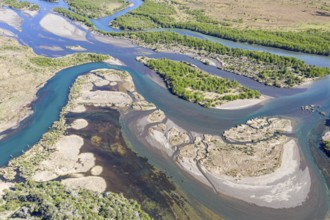 The widely branching arms of river Rio Ibanez, near Villa Cerro Castillo, aerial view, early