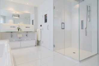 Partial view of white elongated rectangular bathtub and cabinets with large wall mirror, glass