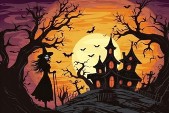 Year 60s and 70s Halloween poster with a witch and a fairy tale house under full moon, Bats flying