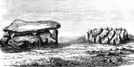 Barrow with capstone and stone circle, history of prehistoric mankind, historical illustration 1880