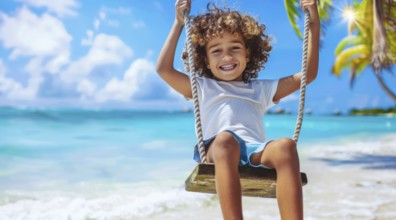 Happy smiling children on a swing at sea shore on family Caribbean vacation near the ocean beach,