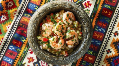 Traditional Mexican healthy cuisine, ceviche de camaron shrimp molcajete. Healthy diet concept, AI