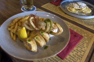 Squid baked with fries served in a pizzeria, Franconia, Bavaria, Germany, Europe