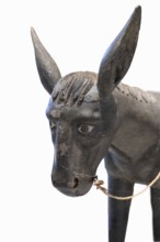 Detail of the palm donkey, donkey head, wooden figure from around 1350, on a white background,