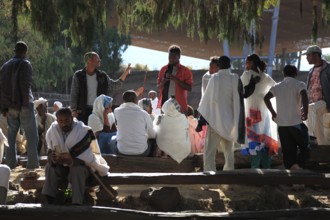 Lalibela, pilgrims in front of the area of the rock-hewn churches, Ethiopia, Africa