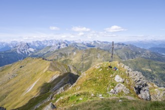 Summit of the Hochspitz or Monte Vacomun, view of the mountain ridge of the Carnic Main Ridge,