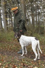 Hunter with red hatband and hunting dog German Shorthair, Lower Austria, Austria, Europe