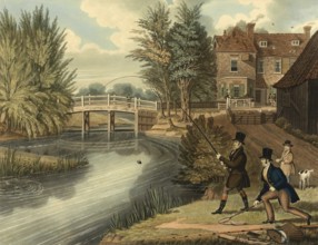 Men fishing by the river, Fly fishing, c. 1850, England, Historical, digitally restored