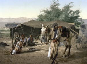 Bedouins in front of a tent, Lebanon, Historical, digitally restored reproduction from a 19th