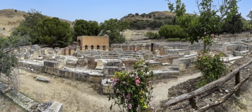 Panoramic view of ruins of historic Roman amphitheatre from antiquity in excavation site remains of