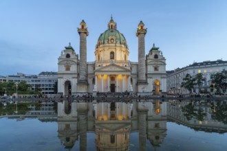 The baroque Karlskirche church at dusk, Vienna, Austria, Europe