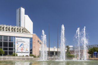 Water features at the civic hall, fountain in front of the typical façade design of the