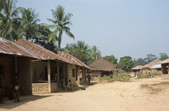 Mixture of corrugated iron and thatched roofs of village houses, Vaama, Southern Province, Sierra