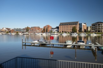 Leisure harbour, moorings, motorboats, Leer, East Frisia, Germany, Europe