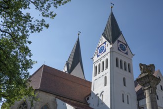 Towers of Eichstätt Cathedral, on the right the Lion Column, Eichstätt, Upper Bavaria, Germany,