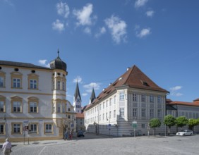 Historic buildings at Leonrodplatz, left Ulmer Hof, right Bischofspalais behind towers of the