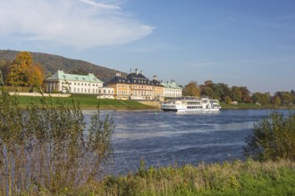 Excursion steamer Gräfin Cosel in front of the water palace of Pillnitz Castle, seen across the