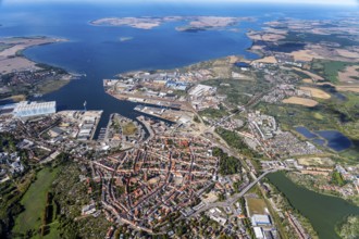 Aerial view, Wismar, centre, town, harbour, shipyard, Poel, Baltic Sea, bay