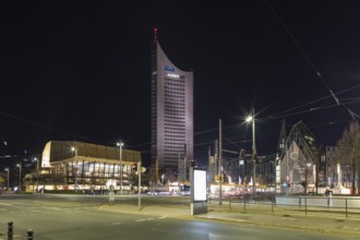 Augustusplatz at night with Gewandhaus, City-Hochhaus, Neues Augusteum, Paulinum and University