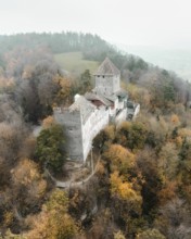 Aerial view of Hohenklingen Castle above Stein am Rhein on a foggy autumn day, Canton Schaffhausen,