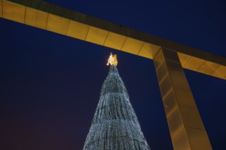 Largest Christmas tree in the world, coloured lights and angels on top, Christmas market, Dortmund,