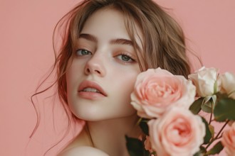 Young woman with brunette hair and pink romantic rose flowers in front of pastel studio background.