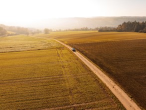 A car on a country lane, surrounded by wide, autumnal fields in soft light, electric car VW ID5,