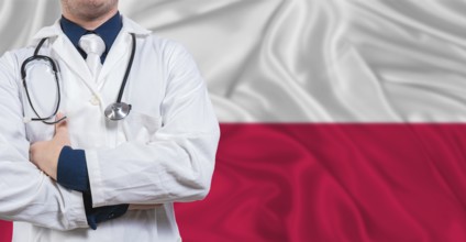 Male doctor with stethoscope on Poland flag. Doctor holding stethoscope on Polish flag