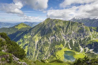 Lower Gaisalpsee, behind it the Entschenkopf (2043m), Allgäu Alps, Allgäu, Bavaria, Germany, Europe