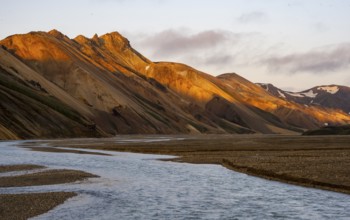 Rhyolite mountains and river Jökulgilskvísl, Landscape at Landmannalaugar, Dramatic volcanic