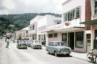 Classic British care in shopping street, Castries, St Lucia, West Indies 1962