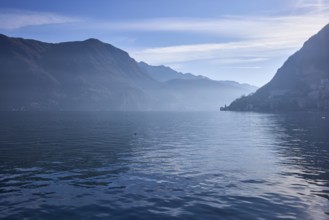 Lake, hill, mist, fog, reflection, water surface, backlight, Lake Lugano, Lugano, Lugano district,