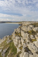 Rocky coast of Camaret-sur-Mer in the Finistère department in northwestern France, with a partly