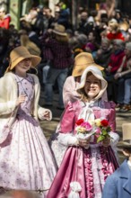 Girls with flowers, parade of historically costumed guildsmen, Sechseläuten or Sächsilüüte, Zurich