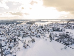 Wide snow-covered village, surrounded by fields and snow-covered trees, Calw, Altburg, district