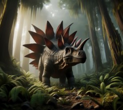 Prehistory, dinosaurs, a stegosaurus, a dinosaur in a prehistoric forest, AI generated, AI