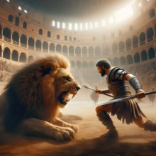 Roman Empire, a gladiator fights in the arena with a lion, AI generated, AI generated